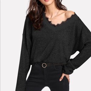 Black Sweater with Lace Trim